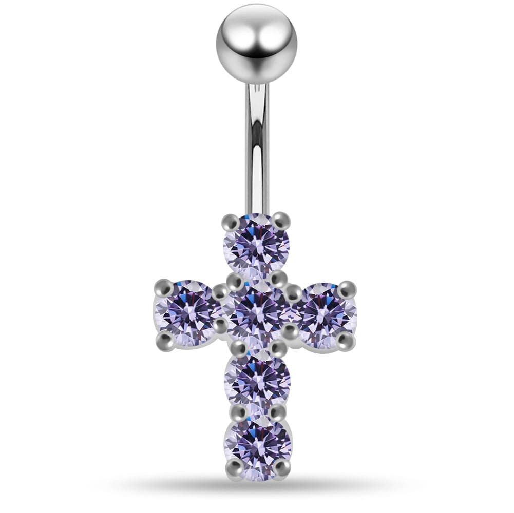 925 Sterling Silver Multi Jewelled Cross Non-Moving Belly Ring