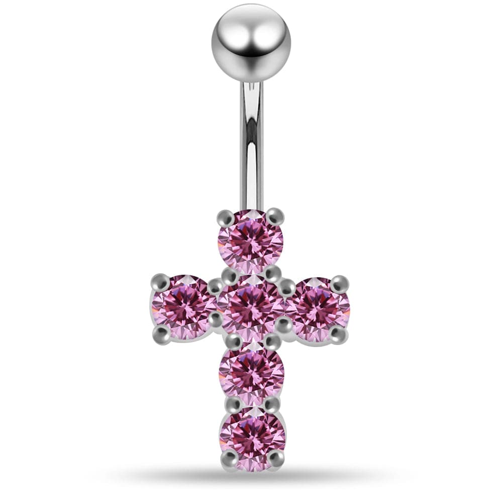 925 Sterling Silver Multi Jewelled Cross Non-Moving Belly Ring