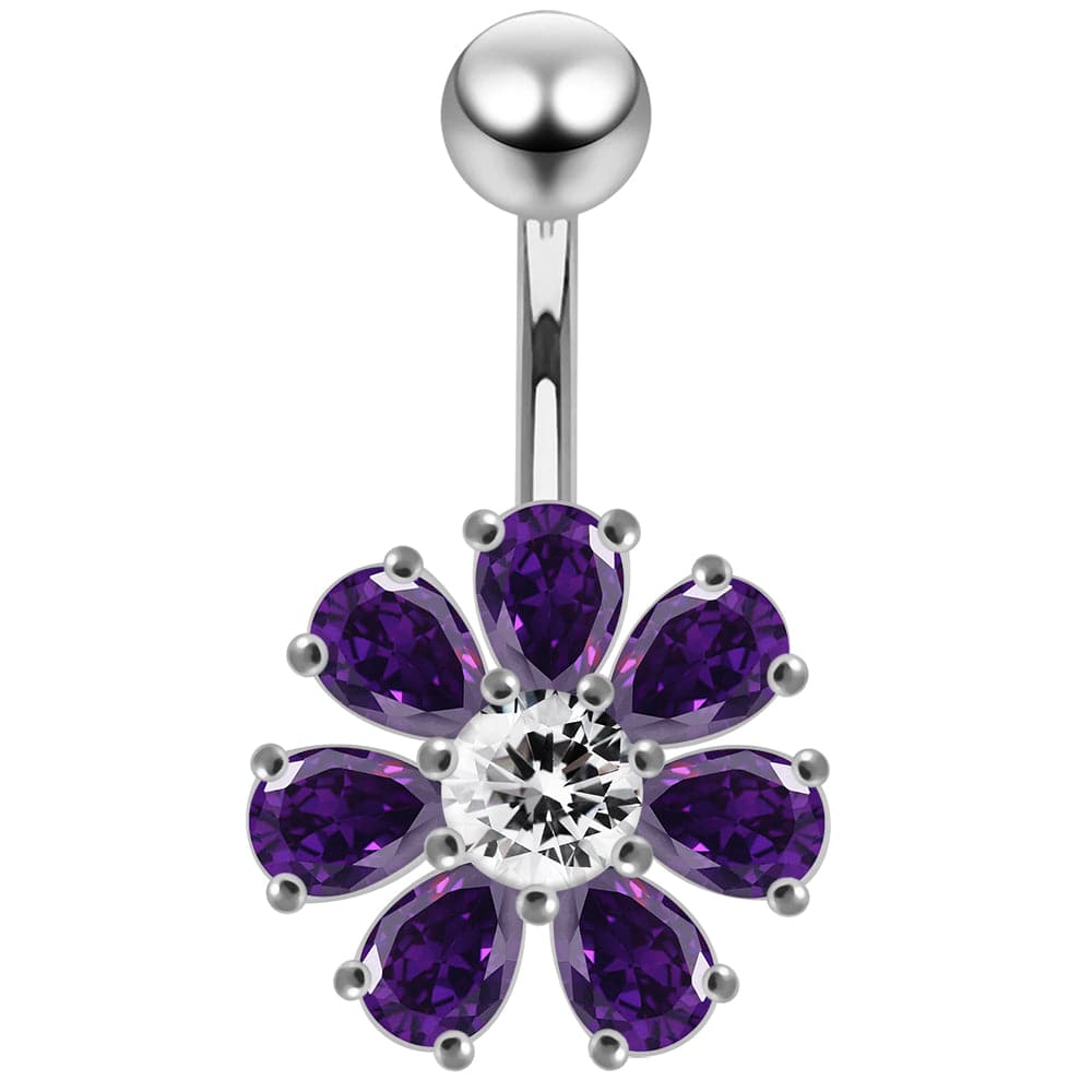 925 Sterling Silver Jewelled Flower navel belly Bar
