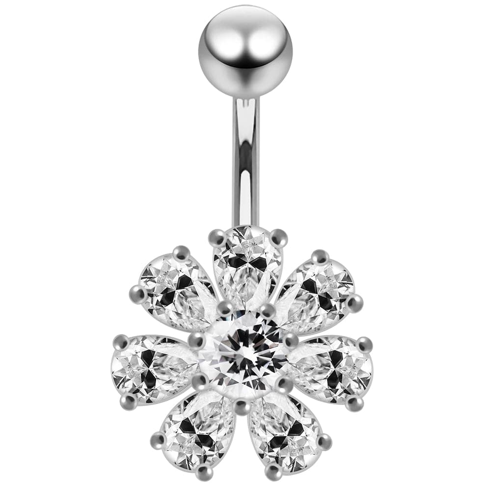925 Sterling Silver Jewelled Flower navel belly Bar