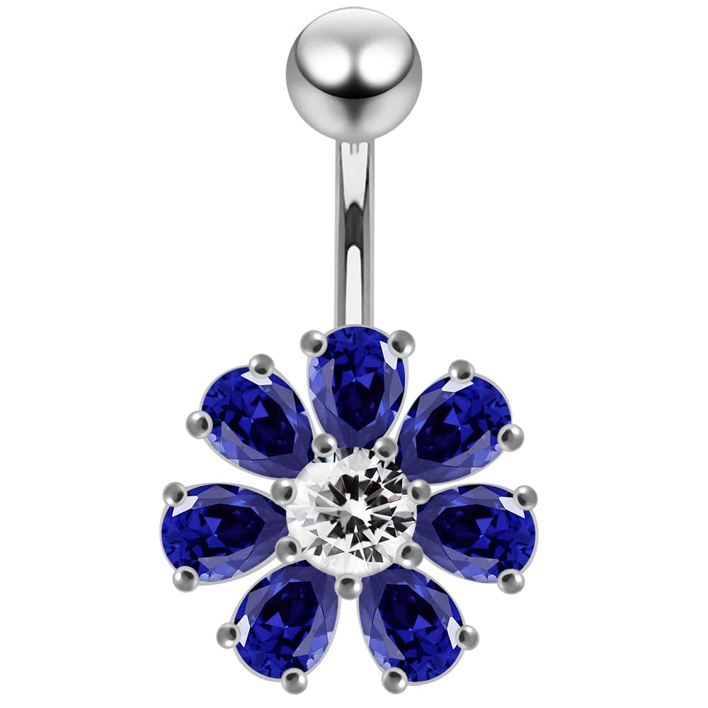 925 Sterling Silver Jewelled Flower navel belly Bar