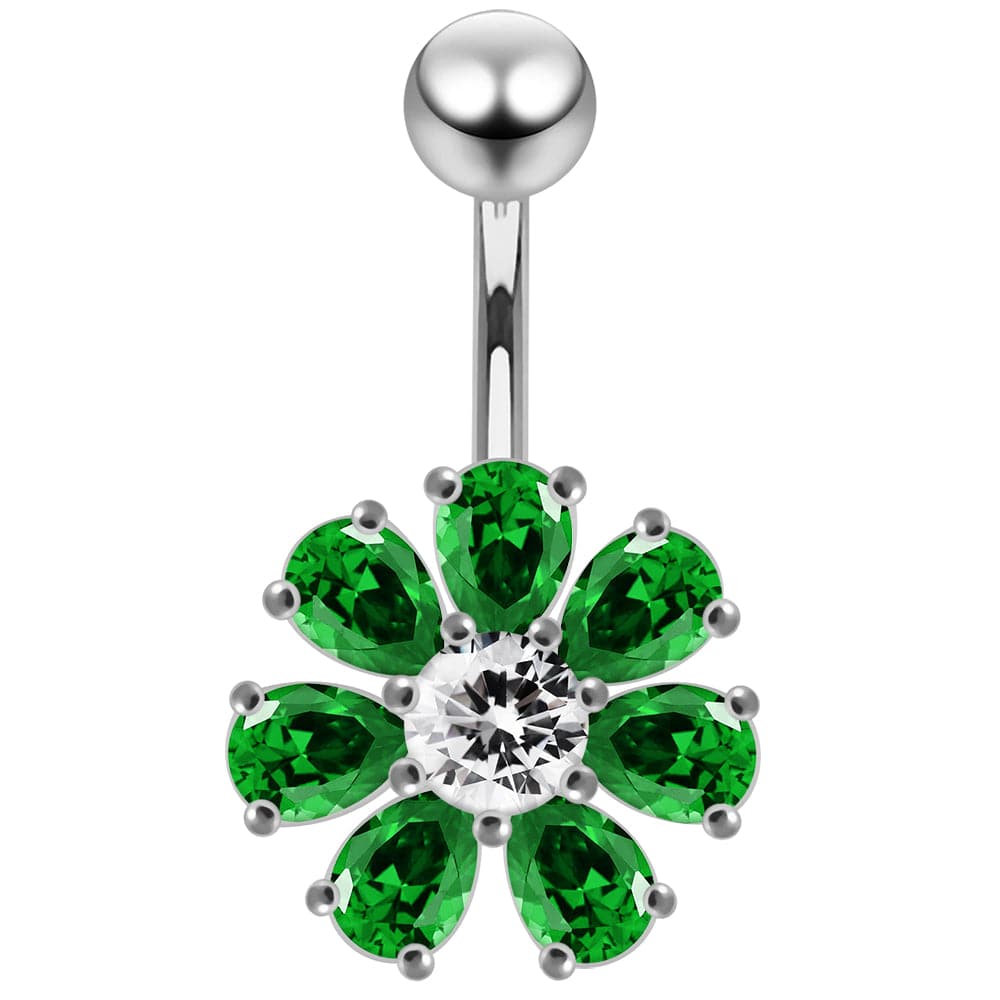 925 Sterling Silver Jewelled Flower navel belly Bar