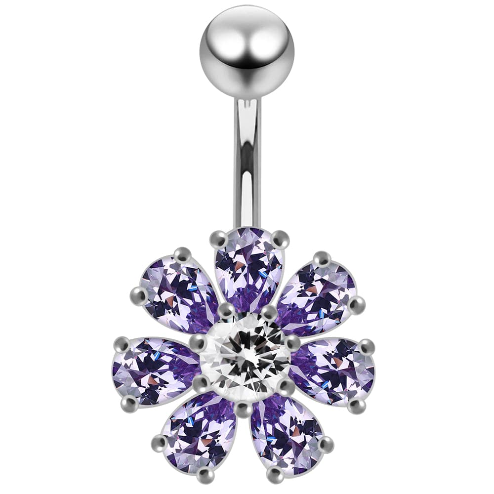925 Sterling Silver Jewelled Flower navel belly Bar