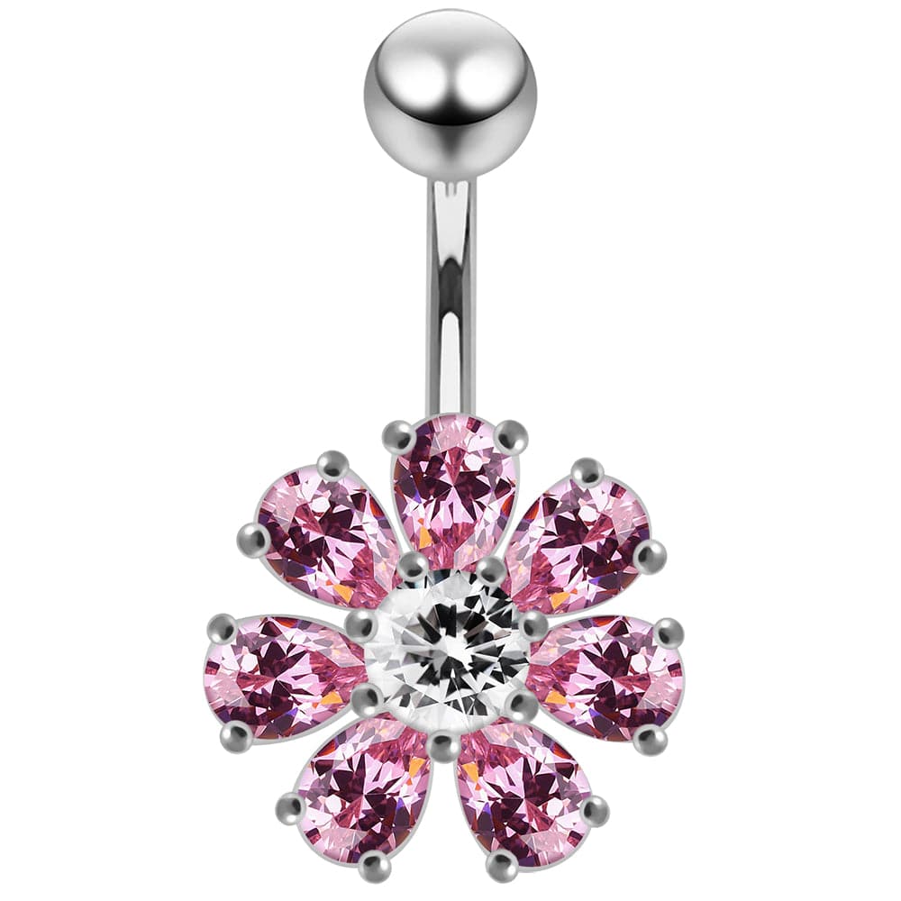 925 Sterling Silver Jewelled Flower navel belly Bar