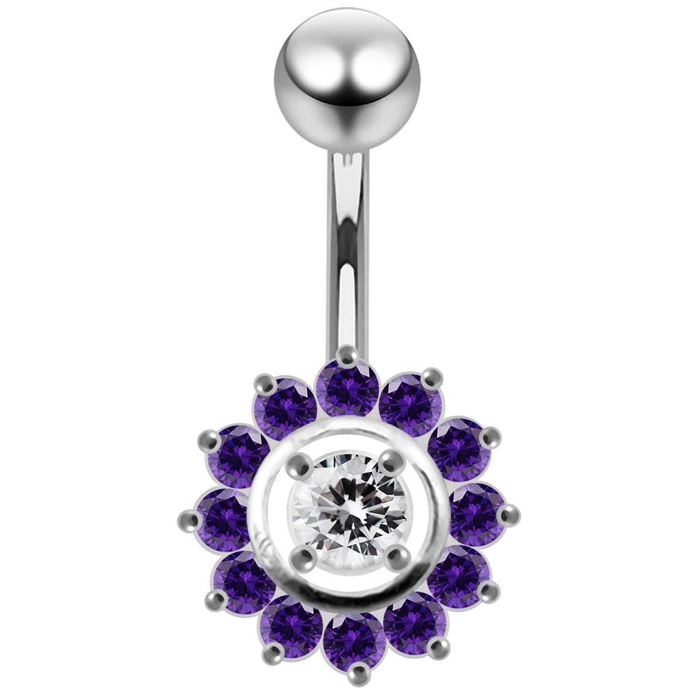925 Sterling Silver Fancy Jewelled Sun Flower SS Curved Bar Belly Ring