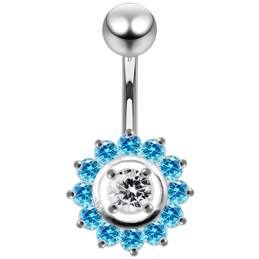 925 Sterling Silver Fancy Jewelled Sun Flower SS Curved Bar Belly Ring