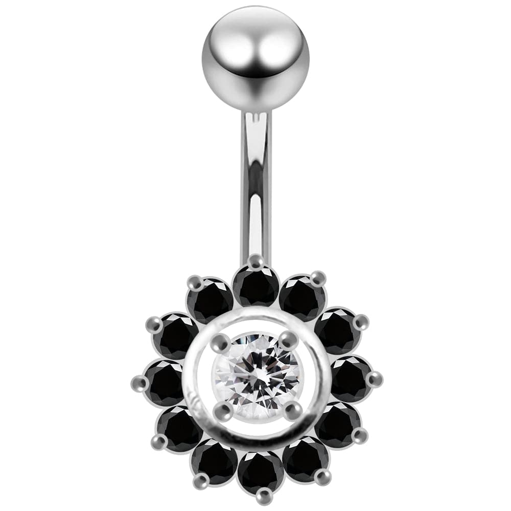 925 Sterling Silver Fancy Jewelled Sun Flower SS Curved Bar Belly Ring