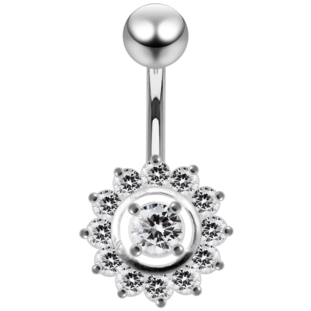 925 Sterling Silver Fancy Jewelled Sun Flower SS Curved Bar Belly Ring