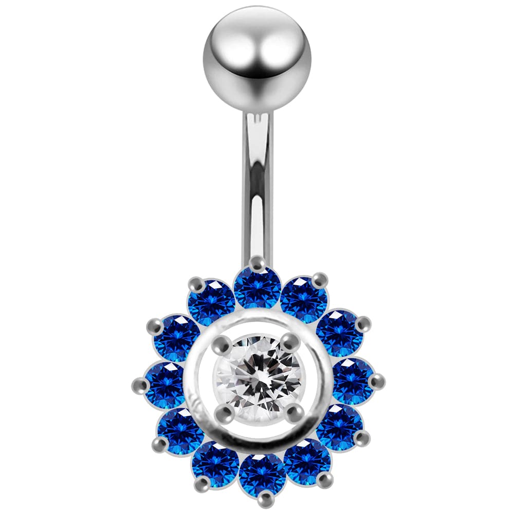 925 Sterling Silver Fancy Jewelled Sun Flower SS Curved Bar Belly Ring