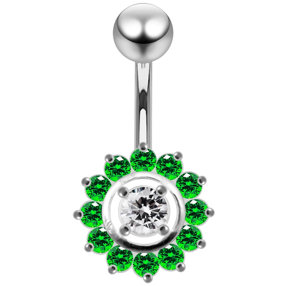 925 Sterling Silver Fancy Jewelled Sun Flower SS Curved Bar Belly Ring