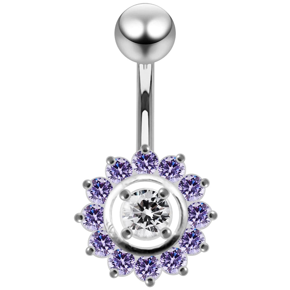925 Sterling Silver Fancy Jewelled Sun Flower SS Curved Bar Belly Ring