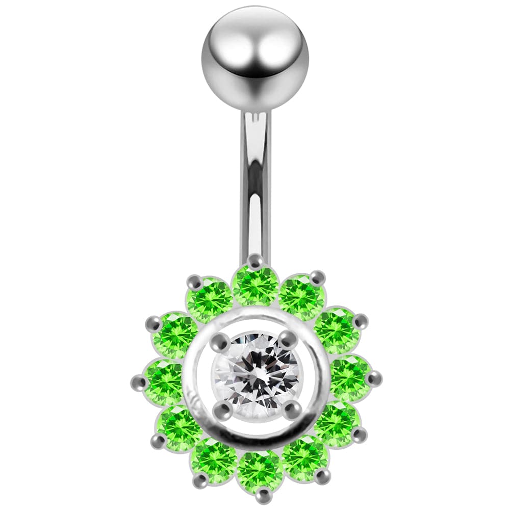 925 Sterling Silver Fancy Jewelled Sun Flower SS Curved Bar Belly Ring