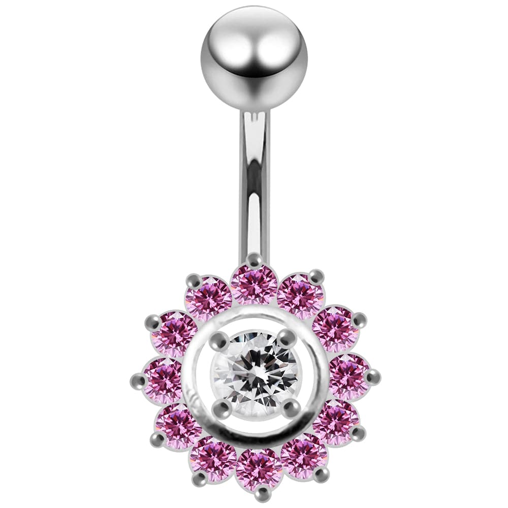 925 Sterling Silver Fancy Jewelled Sun Flower SS Curved Bar Belly Ring