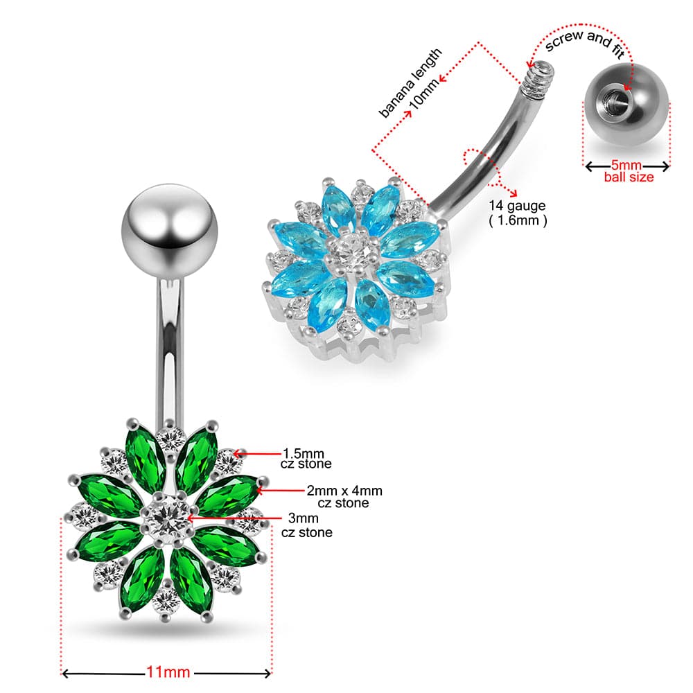 925 Sterling Silver Multi CZ Jewelled Lesser Calendine Flower Design Belly Ring