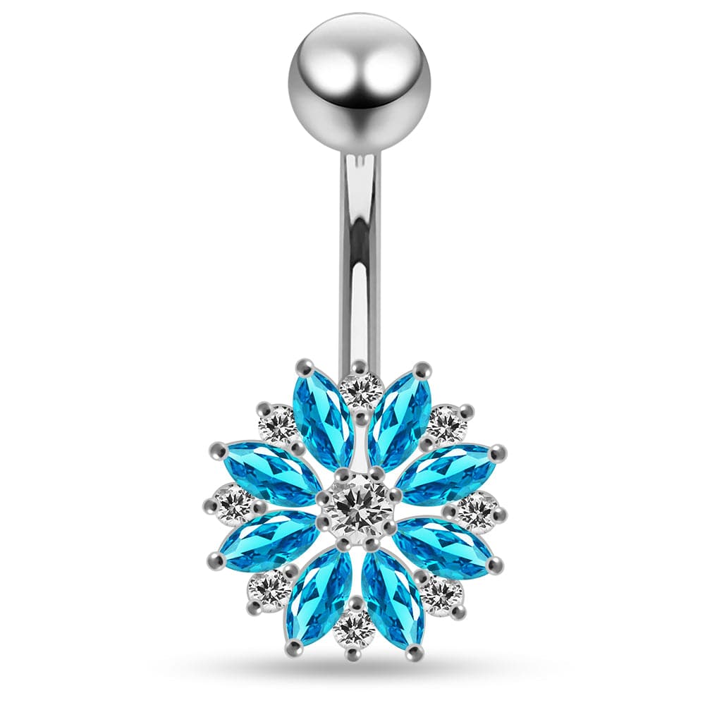925 Sterling Silver Multi CZ Jewelled Lesser Calendine Flower Design Belly Ring