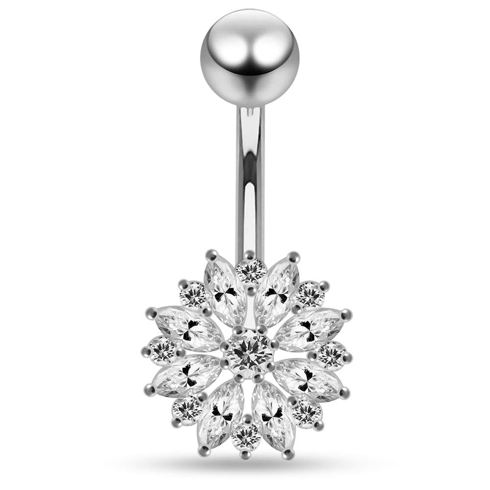 925 Sterling Silver Multi CZ Jewelled Lesser Calendine Flower Design Belly Ring