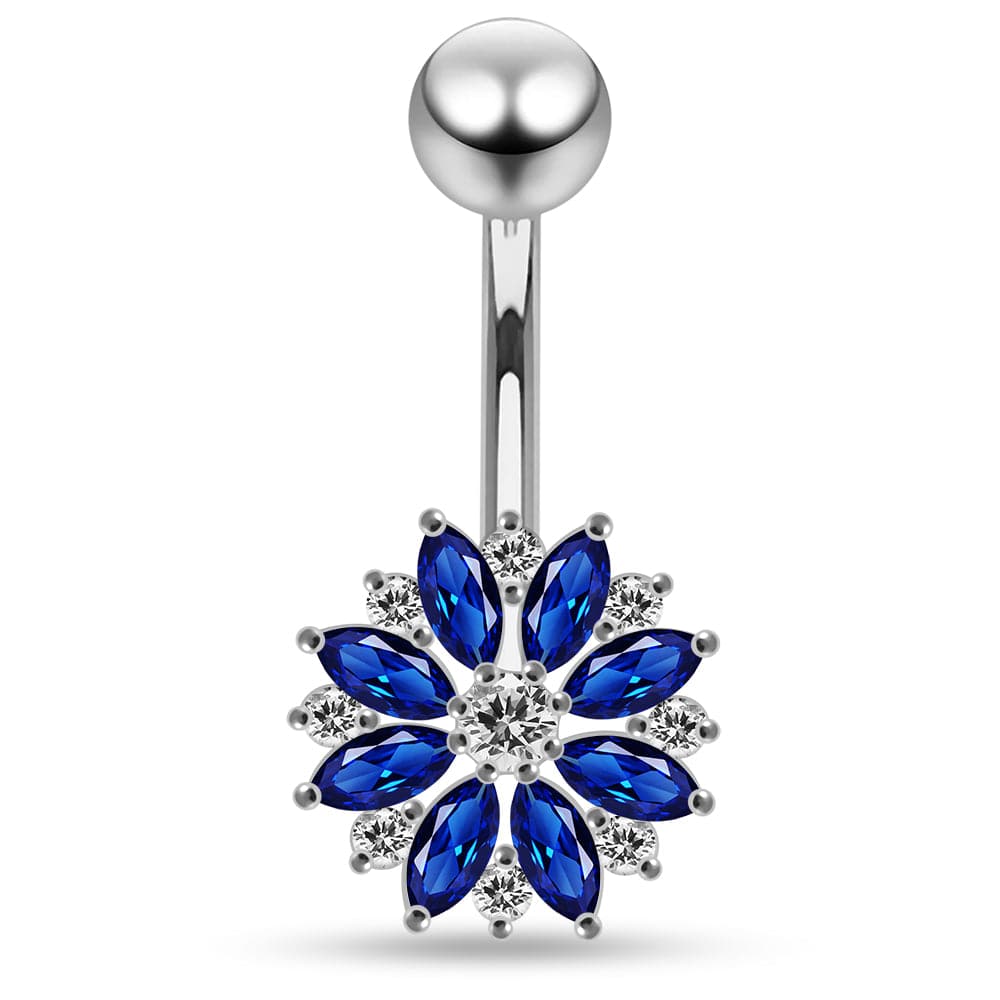 925 Sterling Silver Multi CZ Jewelled Lesser Calendine Flower Design Belly Ring
