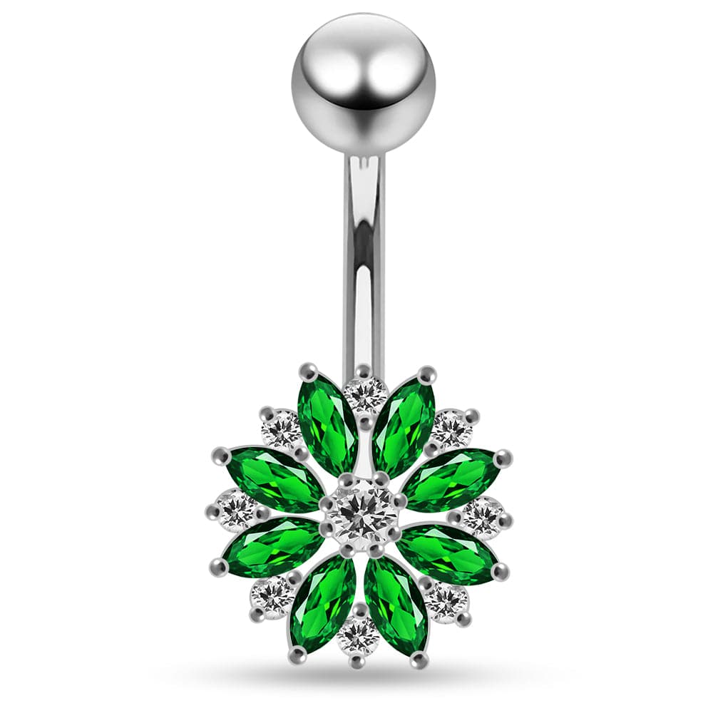 925 Sterling Silver Multi CZ Jewelled Lesser Calendine Flower Design Belly Ring