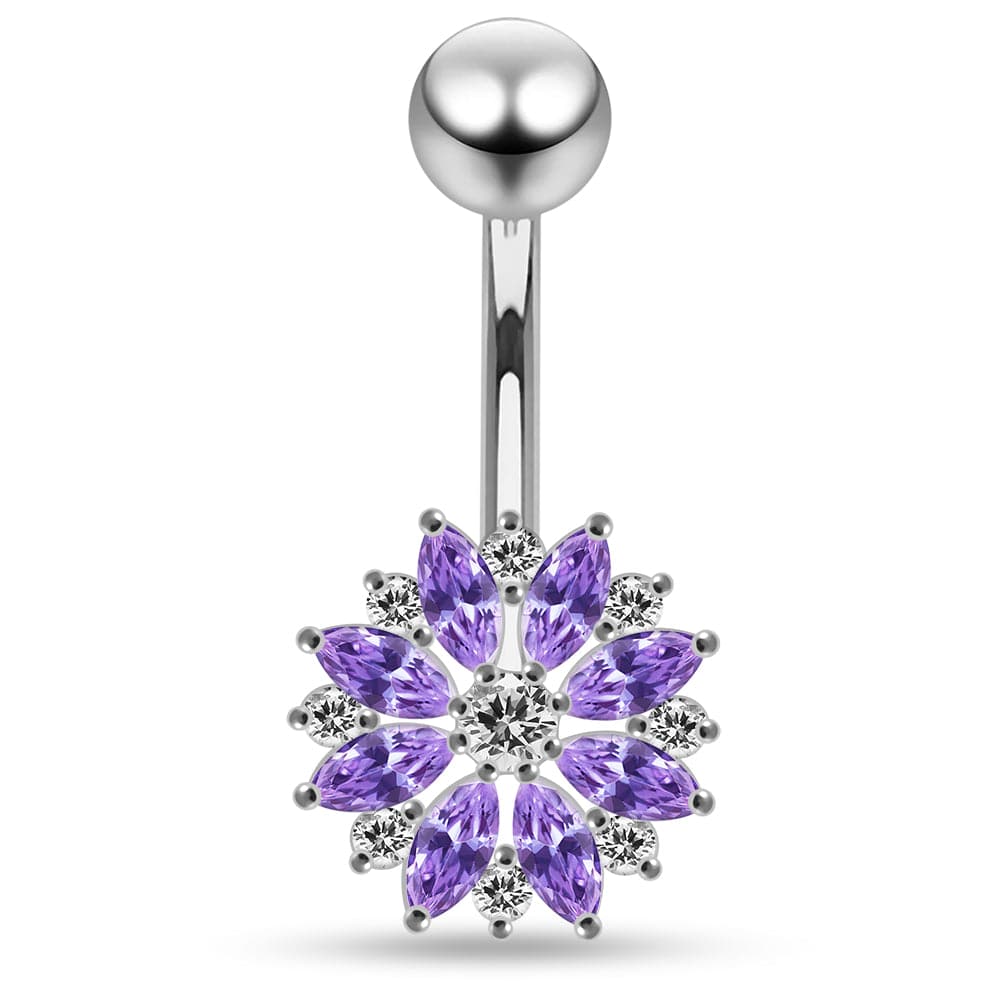 925 Sterling Silver Multi CZ Jewelled Lesser Calendine Flower Design Belly Ring
