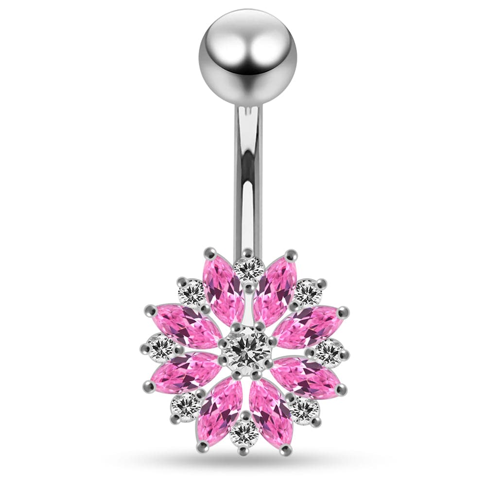 925 Sterling Silver Multi CZ Jewelled Lesser Calendine Flower Design Belly Ring