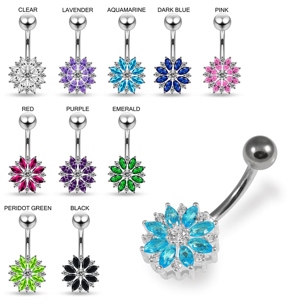 925 Sterling Silver Multi CZ Jewelled Lesser Calendine Flower Design Belly Ring