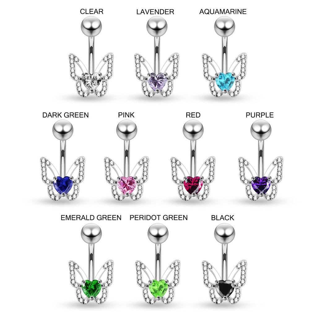 925 Sterling Silver Heart CZ Jewelled Butterfly Non Dangle Belly Button Ring