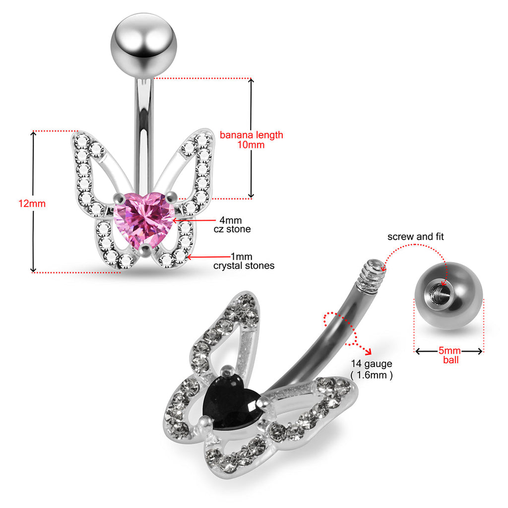 925 Sterling Silver Heart CZ Jewelled Butterfly Non Dangle Belly Button Ring