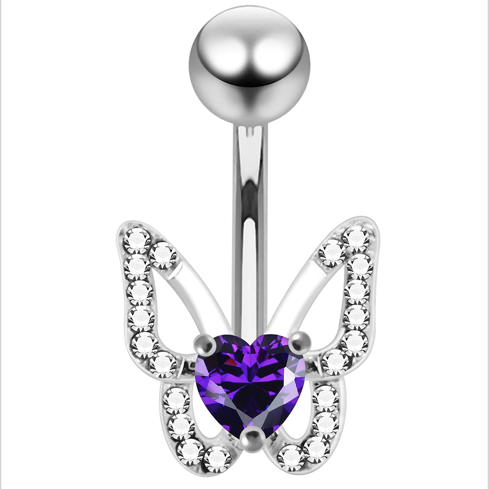 925 Sterling Silver Heart CZ Jewelled Butterfly Non Dangle Belly Button Ring