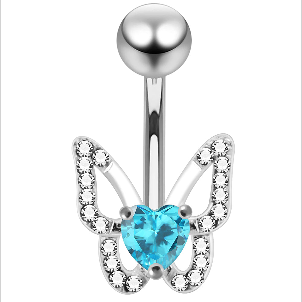 925 Sterling Silver Heart CZ Jewelled Butterfly Non Dangle Belly Button Ring