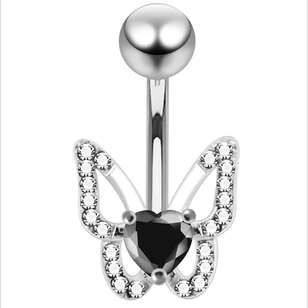 925 Sterling Silver Heart CZ Jewelled Butterfly Non Dangle Belly Button Ring