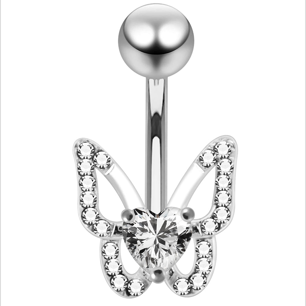 925 Sterling Silver Heart CZ Jewelled Butterfly Non Dangle Belly Button Ring
