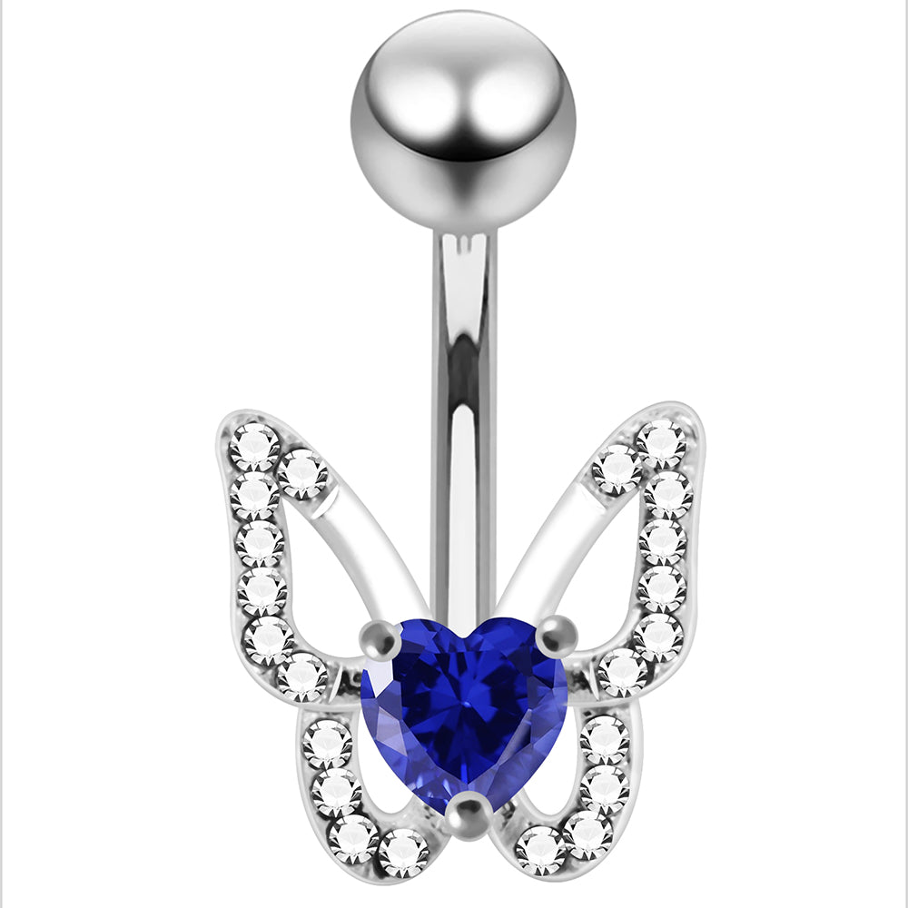 925 Sterling Silver Heart CZ Jewelled Butterfly Non Dangle Belly Button Ring