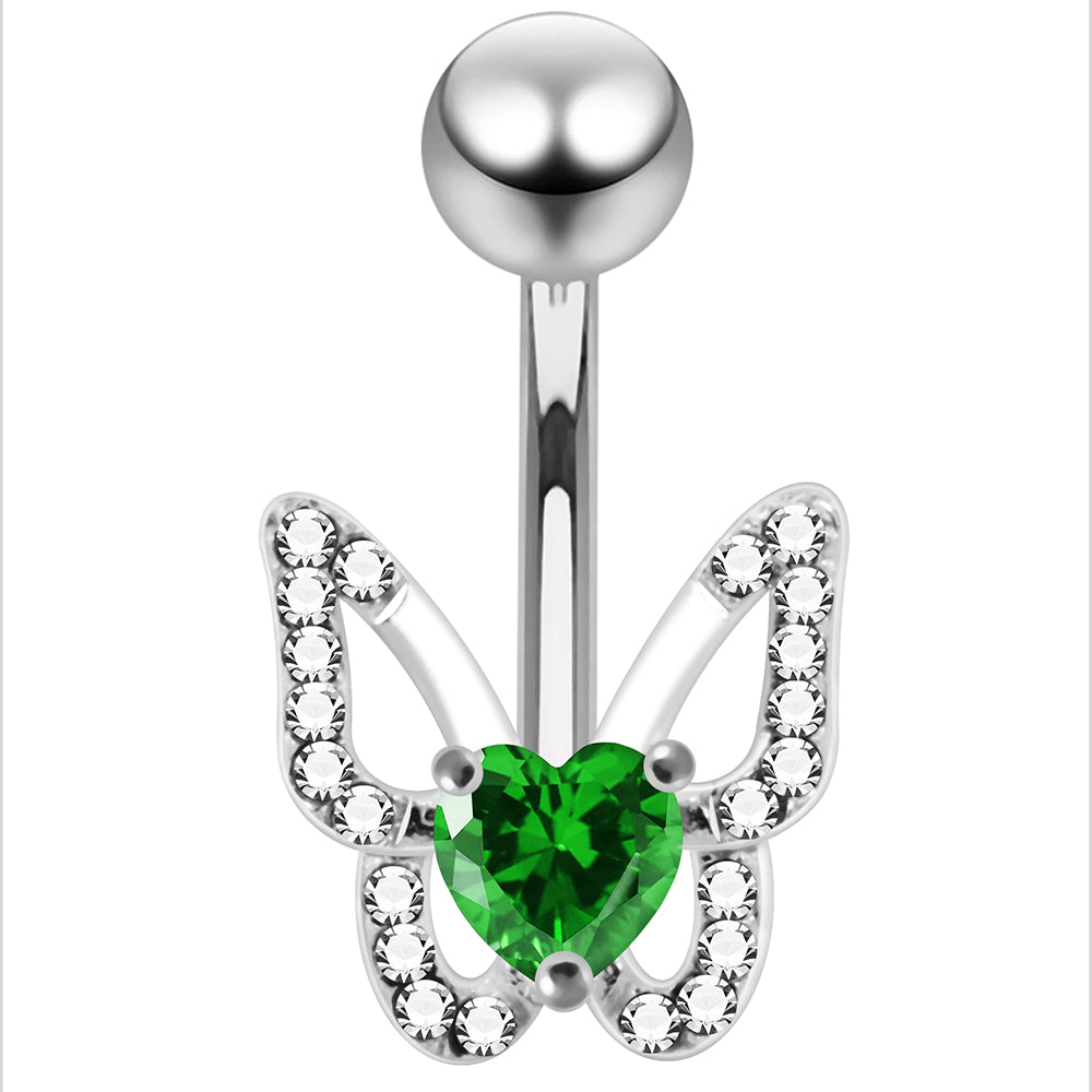 925 Sterling Silver Heart CZ Jewelled Butterfly Non Dangle Belly Button Ring