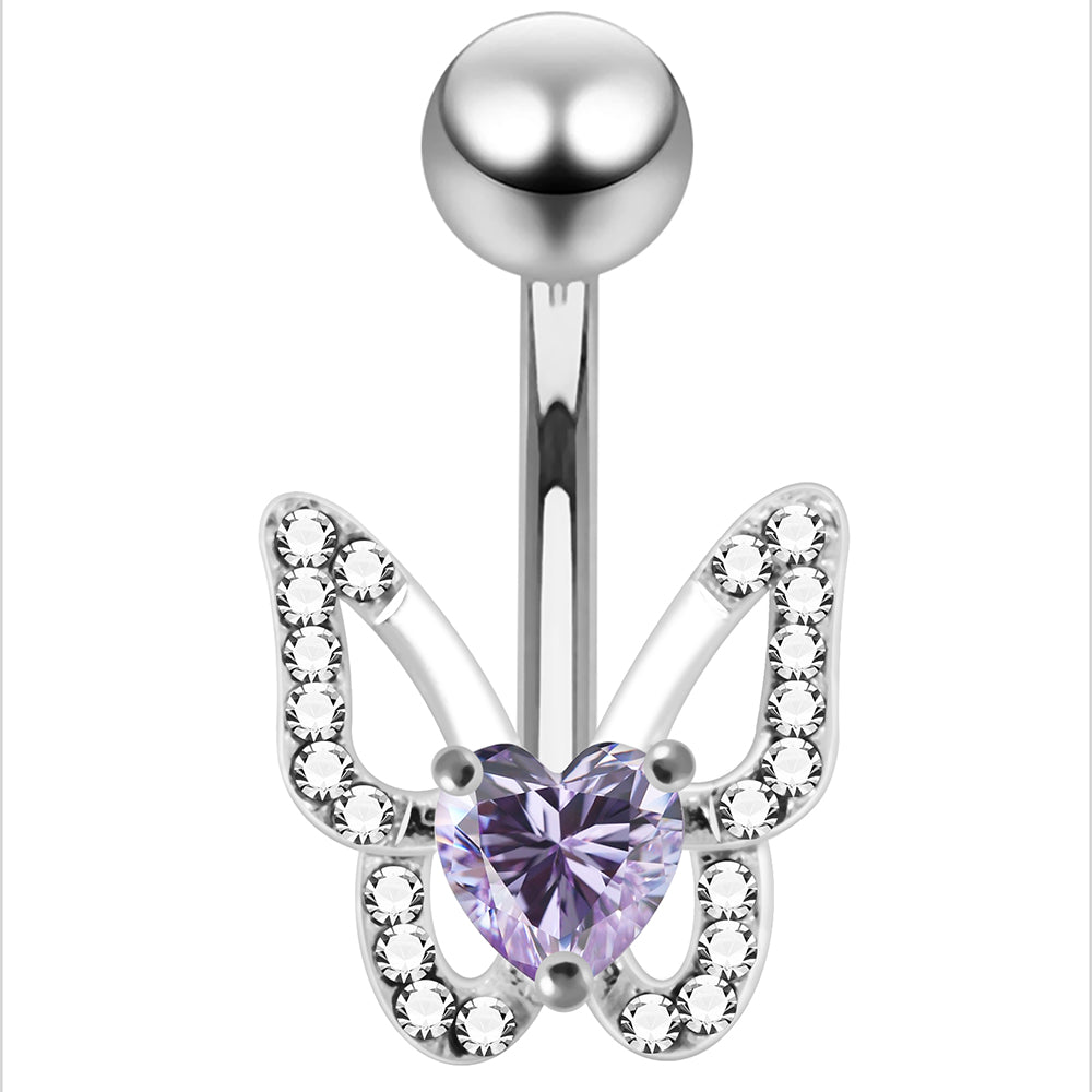 925 Sterling Silver Heart CZ Jewelled Butterfly Non Dangle Belly Button Ring