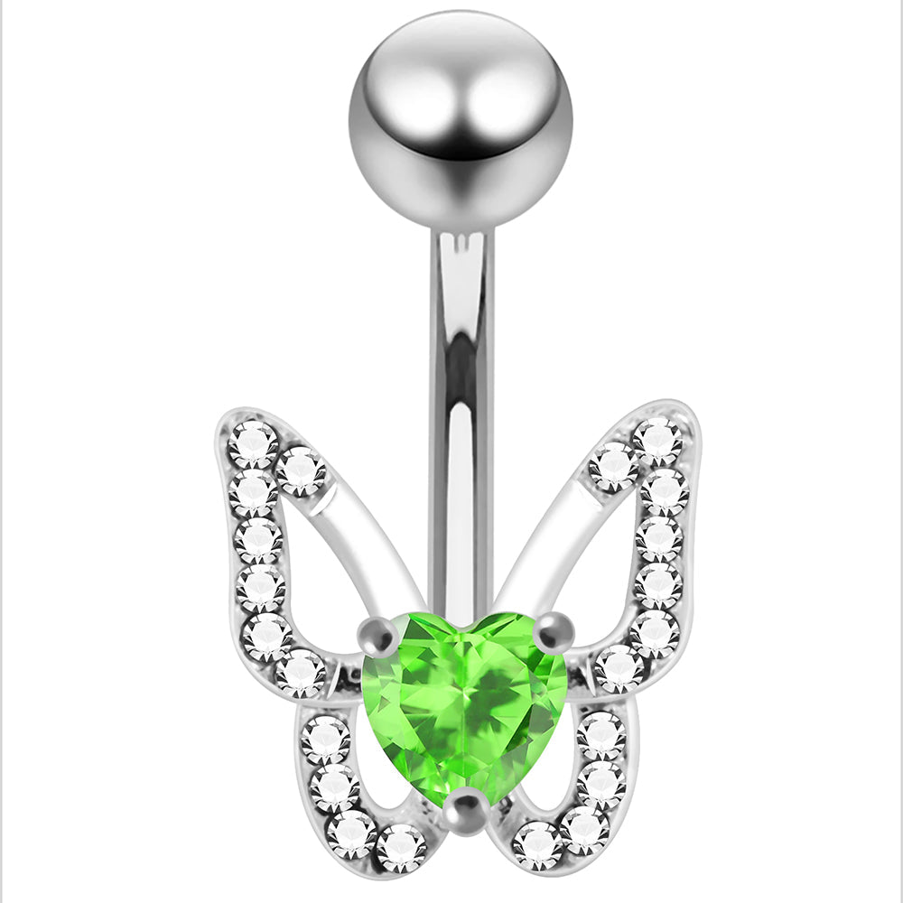 925 Sterling Silver Heart CZ Jewelled Butterfly Non Dangle Belly Button Ring