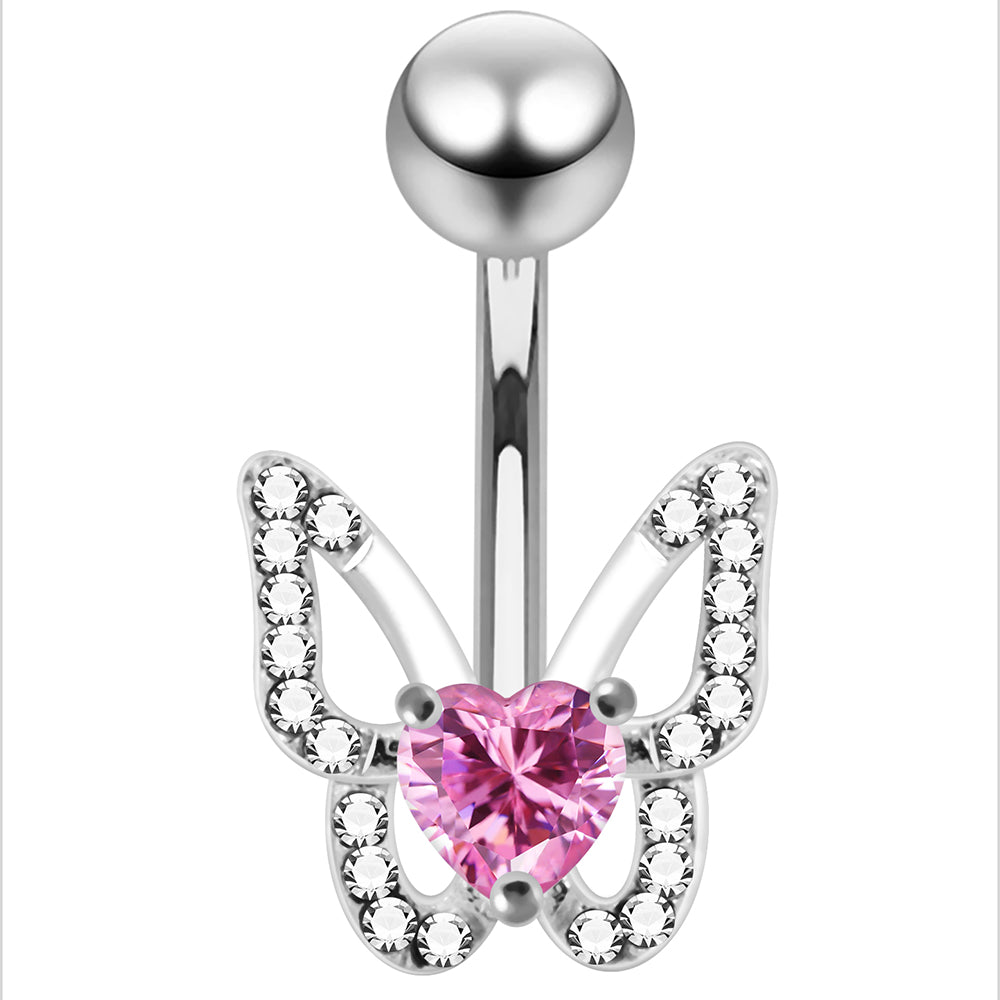 925 Sterling Silver Heart CZ Jewelled Butterfly Non Dangle Belly Button Ring