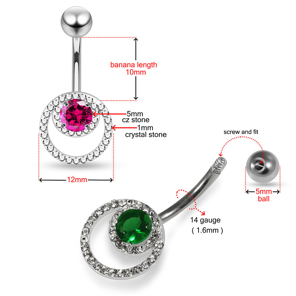 925 Sterling Silver CZ Jewelled Cutout Crescent Non Dangle Belly Button Ring