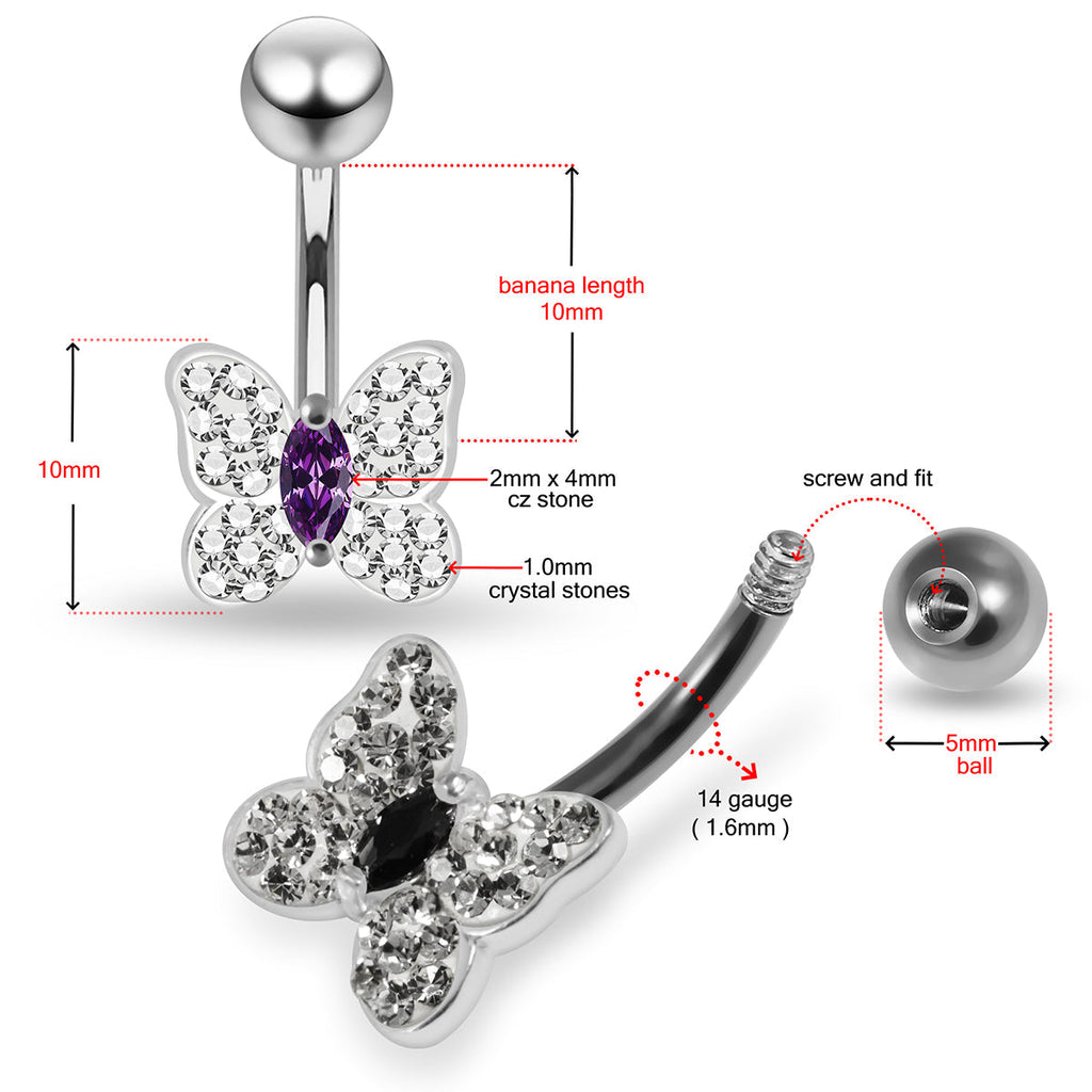 925 Sterling Silver CZ Jewelled Butterfly Non Dangle Belly Button Ring