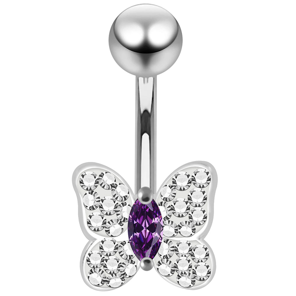 925 Sterling Silver CZ Jewelled Butterfly Non Dangle Belly Button Ring