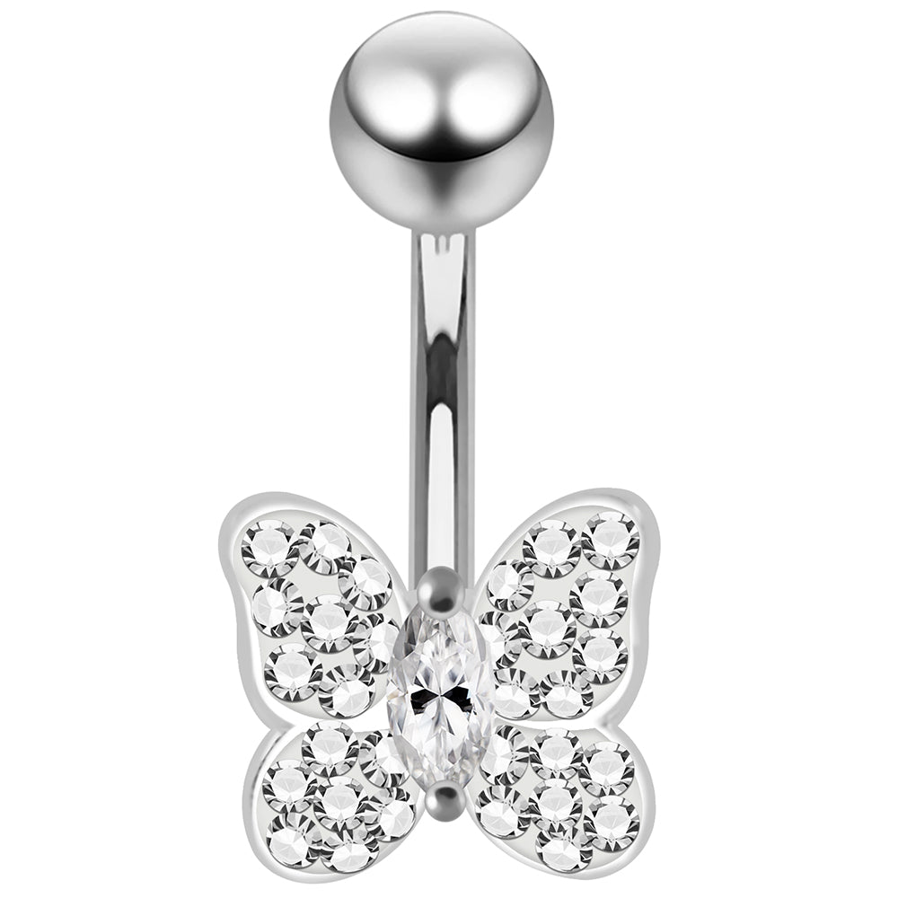 925 Sterling Silver CZ Jewelled Butterfly Non Dangle Belly Button Ring