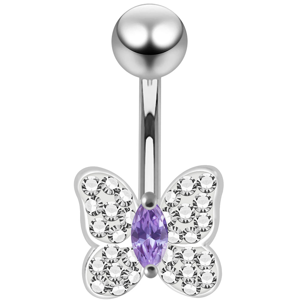 925 Sterling Silver CZ Jewelled Butterfly Non Dangle Belly Button Ring