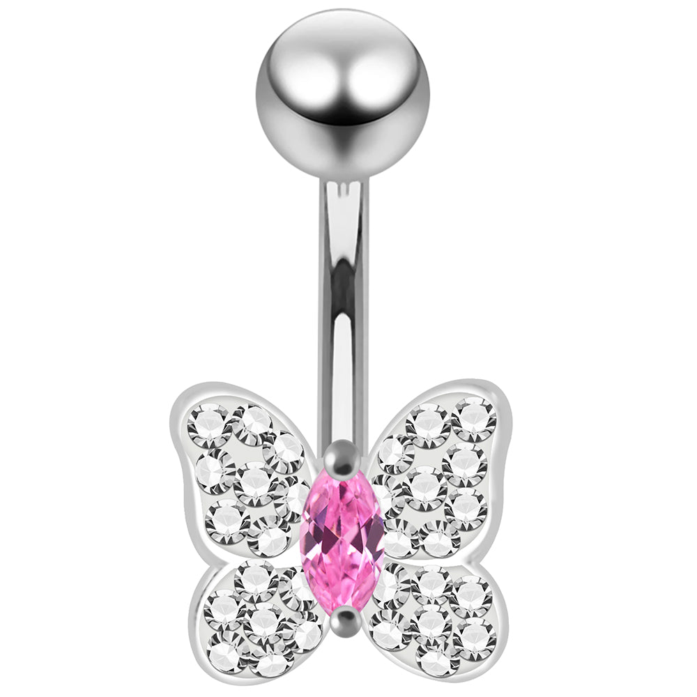 925 Sterling Silver CZ Jewelled Butterfly Non Dangle Belly Button Ring