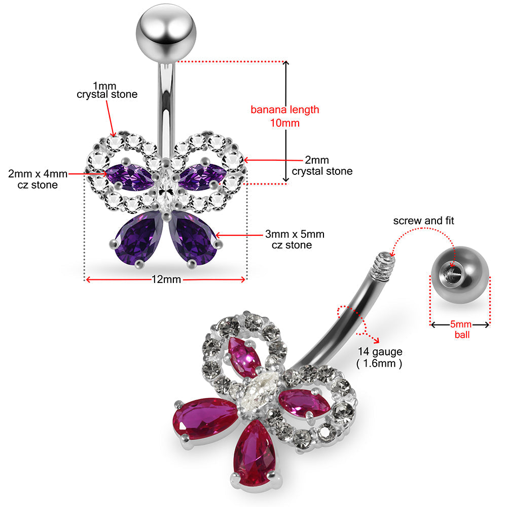 925 Sterling Silver CZ Jewelled Elegant Bow Non Dangle Belly Button Ring