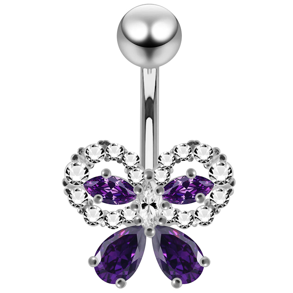 925 Sterling Silver CZ Jewelled Elegant Bow Non Dangle Belly Button Ring