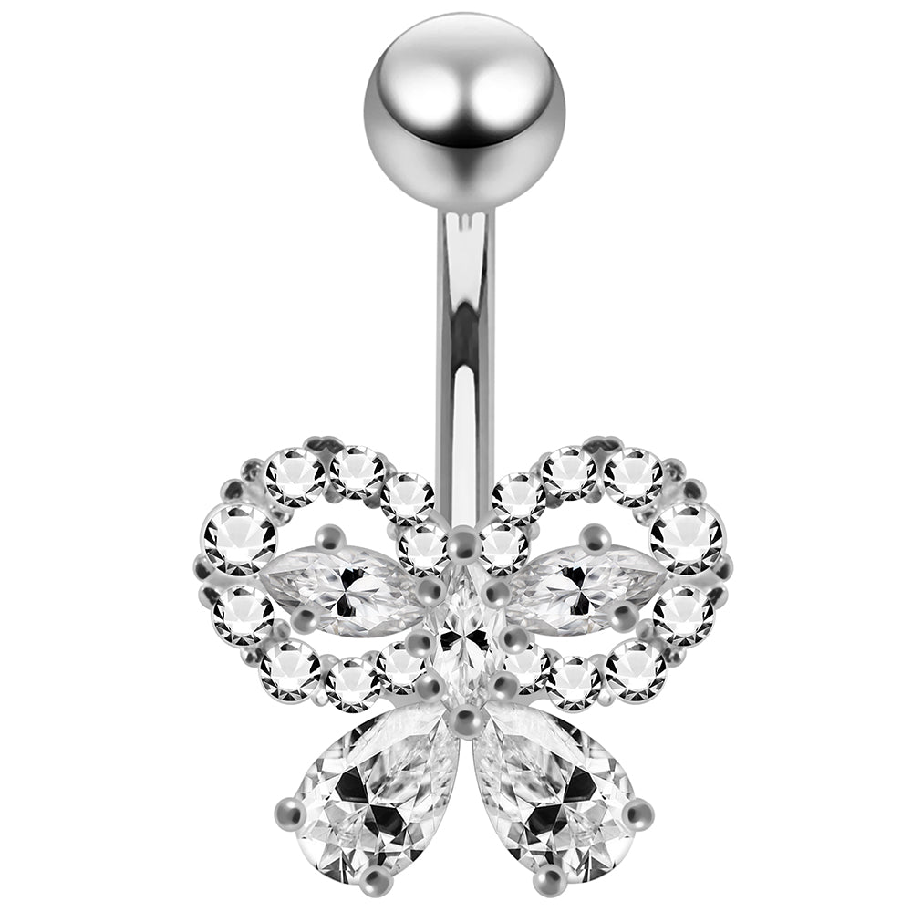 925 Sterling Silver CZ Jewelled Elegant Bow Non Dangle Belly Button Ring