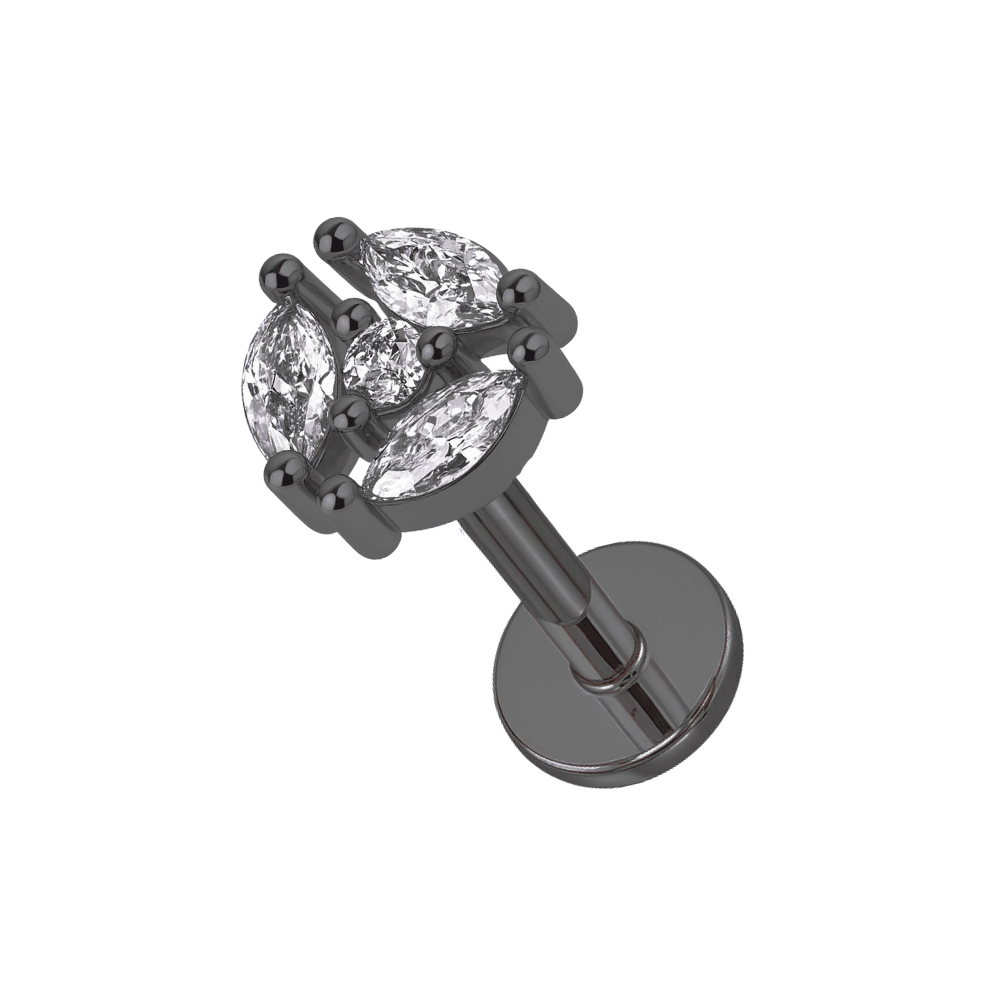 316L Surgical Steel Tri Marquise CZ Jewelled Internally Threaded Top with Flatback Stud