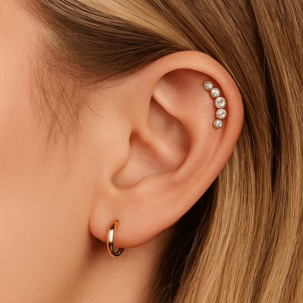 14K Gold Internally Threaded Round CZ Jewelled Bezel Set Screw Fit Stud