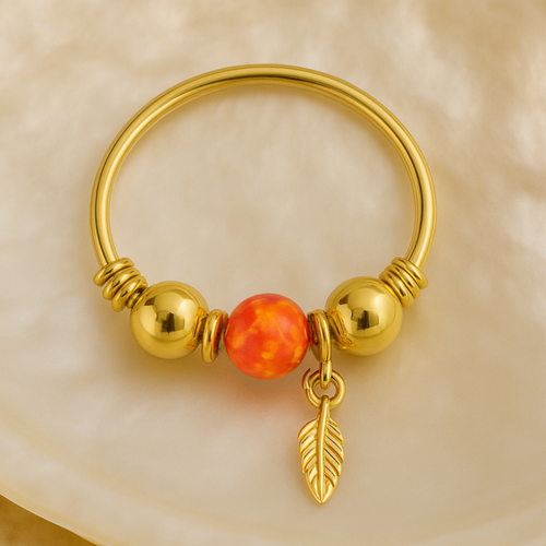 14K Gold Opal Bead with Leaf Charm Nose Hoop Ring