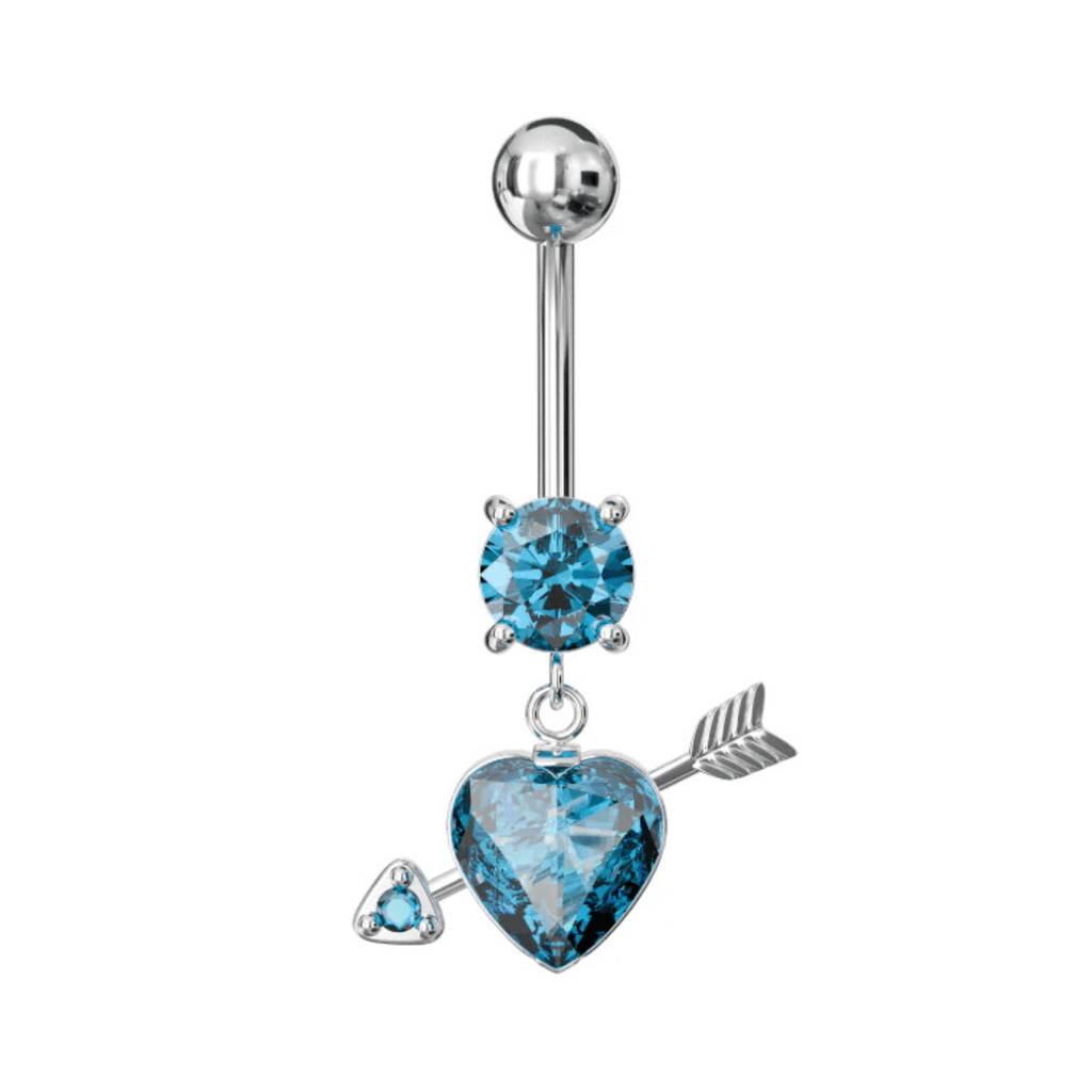 925 Sterling Silver Fancy Jewelled Arrow Heart Dangling Banana Bar Belly Ring