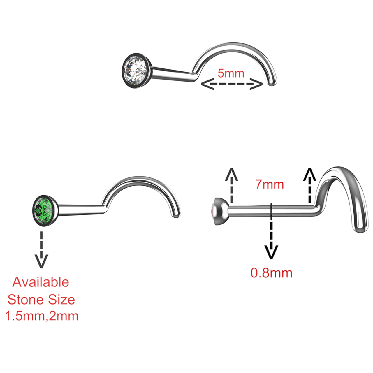 316L Surgical Steel CZ Jewelled Nose Screw